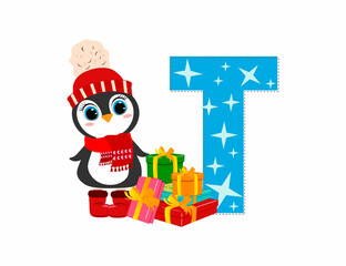 Wall Mural - Cute Cartoon christmas penguin with letter T. Perfect for greeting cards, party invitations, posters, stickers, pin, scrapbooking, icons.