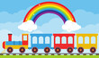 Children's toy train with carriages against the blue sky. Toy railroad with train. Vector, cartoon illustration. Vector.