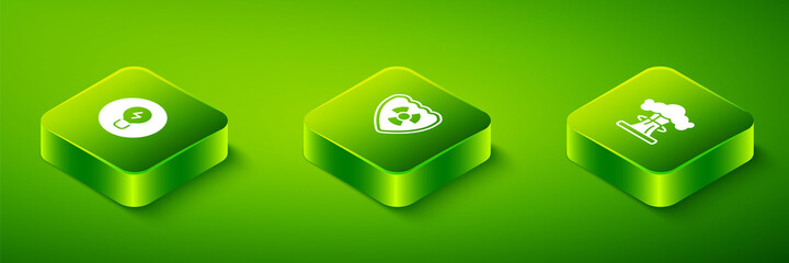 Sticker - Set Isometric Radioactive in shield, Nuclear explosion and Light bulb with concept of idea icon. Vector