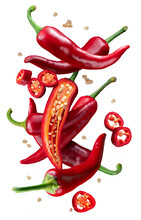 Fresh Red Chilli Peppers And Cross Sections Of Chilli Pepper With Seeds Floating In The Air. File Contains Clipping Paths.