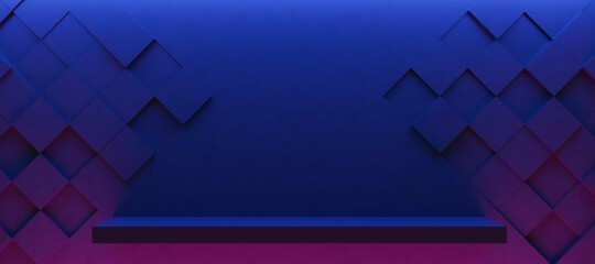 Poster - Abstract and Illustration of purplish blue box podium and cube background,light and shadow with free space, 3D rendering and copy space.