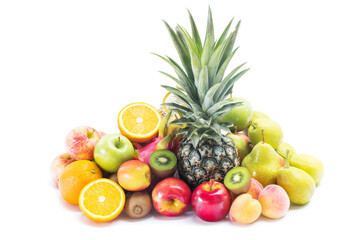 Wall Mural - Group of fresh fruits isolated on white, Ripe fruits organic for eating healthy