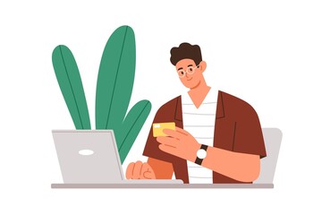 Leinwandbilder - Person making online electronic payment with laptop and bank card. Man buying smth. through internet and paying for it using computer. Colored flat vector illustration isolated on white background