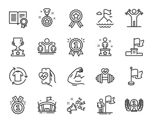 Wall Mural - vector set of cardio training, mountain flag and leadership line icons set. success, dumbbells worko