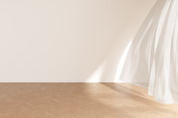 Aufkleber - 3D rendering of white empty room and curtain with wooden floor and sun light cast shadow on the wall. 