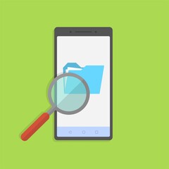 Poster - phone with folder search and magnifying glass. touchscreen device with different folders.