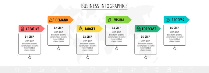 Vector infographic square label, template design. Business concept, Infograph with arrows six options, step. Line infographics element for layout process diagram, parts, chart, graphic, web