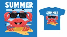 Summer Cool Crab Illustration T-shirt Design Vector Concept.