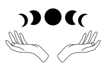 Wall Mural - Hands hold moon. Contemporary  composition.  Line art. Hand drawn vector illustration.