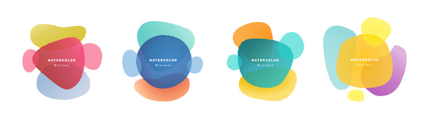 Aufkleber - Watercolor banners with inscriptions and shapes, isolated abstract flyers with text and shapeless forms. Minimalist designs of art cards with blobs and brushes. Flat cartoon vector illustration