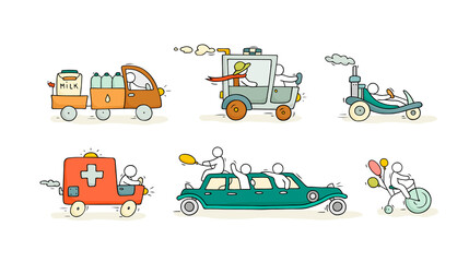 Sketch set with cute cars and people