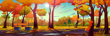 Autumn Landscape Background, Fall Park Or Forest Panorama, Wooden Bench With Umbrella, Multicolor Trees And Blue Sky With Bright Sun, Rays Through Leaves. Squirrel On Maple, Foliage And Water On Roads