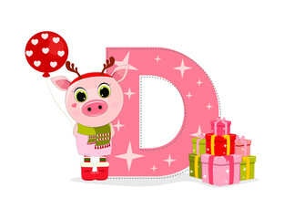 Wall Mural - Cute Cartoon christmas piggy with letter D with gift boxes. Perfect for greeting cards, party invitations, posters, stickers, pin, scrapbooking, icons.