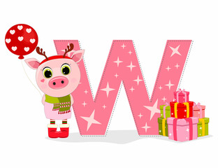 Wall Mural - Cute Cartoon christmas piggy with letter W with gift boxes. Perfect for greeting cards, party invitations, posters, stickers, pin, scrapbooking, icons.