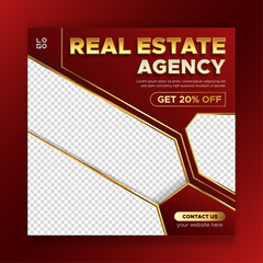 Wall Mural - Real estate agency square banner template for social media post, red and gold color background