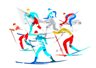 Sticker - Cross-country skiing competition.
Expressive illustration of nordic skiing competitors.