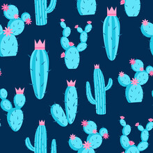 Pattern Azure Cacti, Vector Illustration. Seamless Pattern With Prickly Desert Succulents. Bright Plants On A Dark Blue Substrate. Template For Wallpaper, Packaging And Design.