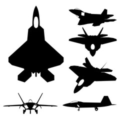 Wall Mural - Jet Fighter F-22 Raptor aircraft icon. Airplane Silhouette Icon Set Black Color