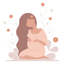 Cute Cartoon Tender Pregnant Woman Sitting Among Flowers. Appeasement And Joy.