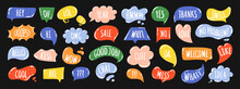 Set Of Stylish Speech Bubbles With Phrases. Dialog Boxes With Phrases Hello, Bye, Love, Like, Why, Smile, Hey, Kiss, Sale, Yes, No. Clouds Of Online Chats With Different Words, Comments, Drawn By Hand
