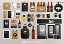 Beer Package And Restaurant Facade Brand Identity Vector Mockup Set. Dark Craft Beer Vector Bottle, Restaurant Sign, Package, Menu And Stationery Items. Outdoor Signage Bar And Cafe Items Mockup
