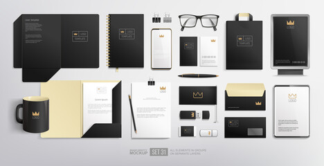 Wall Mural - Realistic Stationery Branding identity mock-up set of city lightbox, folder, blank, phone, tablet. Corporate Identity Brand Mockup set on white background