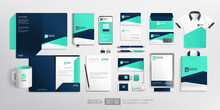 Business Branding Identity With Office Stationery Items And Objects Mockup Set. Blue Colour Abstract Design Corporate Company Corporate Identity Design On Stationery Items, Folder, Mug, T-shirt, Bag