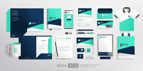 business branding identity with office stationery items and objects mockup set. blue colour abstract