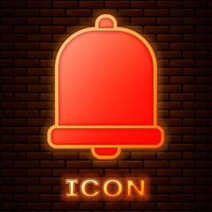 Sticker - Glowing neon Church bell icon isolated on brick wall background. Alarm symbol, service bell, handbell sign, notification symbol. Vector Illustration