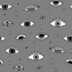 Wall Mural - Seamless pattern with hand drawn monochrome doodle mystic eyes. On gray background.