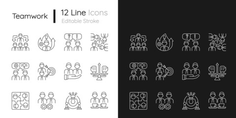 Canvas Print - Teamwork related linear icons set for dark and light mode. Common goals and its achievement. Business strategy. Customizable thin line symbols. Isolated vector outline illustrations. Editable stroke