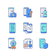 Wall Mural - Phone repair RGB color icons set. Device problem and recovery. Network connection and loading issue. Camera and battery breakage. Isolated vector illustrations. Simple filled line drawings collection