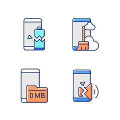 Sticker - Phone errors RGB color icons set. Broken smartphone. Battery issue. Memory card problem. Speaker breakage. Dust and dirt damage. Isolated vector illustrations. Simple filled line drawings collection