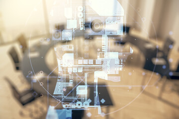 Poster - Double exposure of creative human head microcircuit hologram on a modern boardroom background. Future technology and AI concept