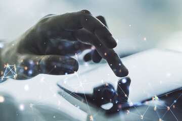 Aufkleber - Double exposure of technology hologram and finger clicks on a digital tablet on background. Research and development software concept