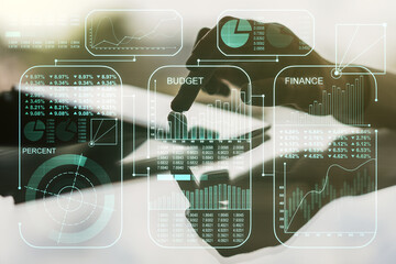 Poster - Double exposure of abstract creative statistics data hologram with finger clicks on a digital tablet on background, statistics and analytics concept