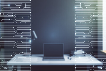 Aufkleber - Creative abstract micro chip hologram and modern desktop with pc on background, artificial intelligence and machine learning concept. Multi exposure