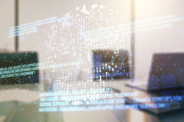 Poster - Creative code skull hologram and modern desktop with pc on background, cybercrime and hacking concept. Multiexposure