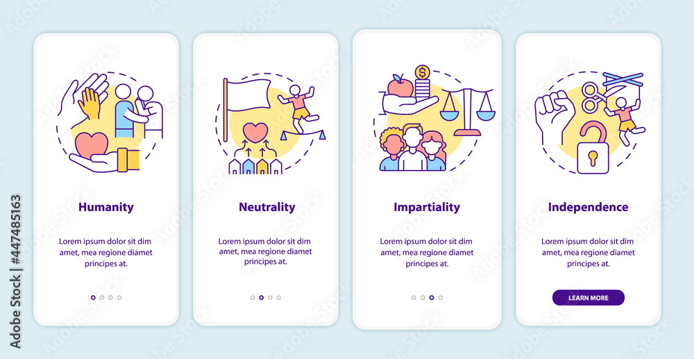Humanitarian aid onboarding mobile app page screen. Humanity, impartiality walkthrough 4 steps graphic instructions with concepts. UI, UX, GUI vector template with linear color illustrations - obrazy, fototapety, plakaty 