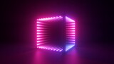 Fototapeta Perspektywa 3d - 3d render, abstract neon background with cube box. Geometric object glowing in ultraviolet light