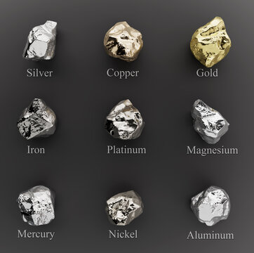 Set of metal: golden, chrome, silver, bronze and white 3d render isolated on background with shadows.