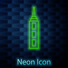 Sticker - Glowing neon line Skyscraper icon isolated on brick wall background. Metropolis architecture panoramic landscape. Vector