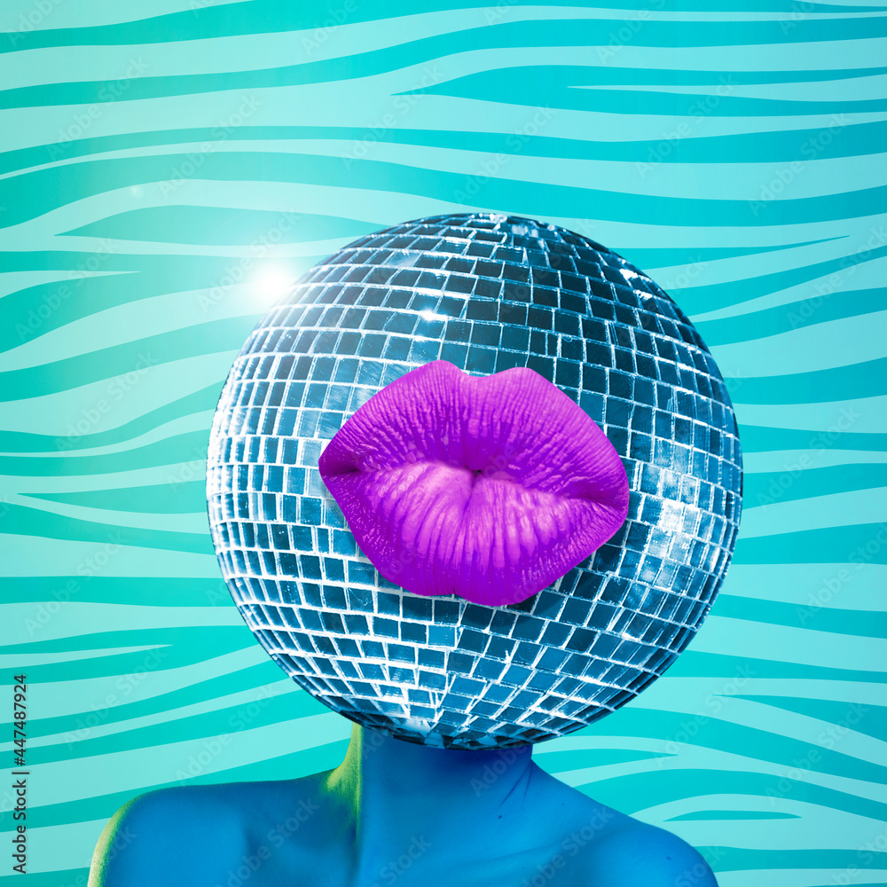 Modern design, contemporary art collage. Inspiration, idea, trendy urban magazine style. Female body headed with big disco ball with lips - obrazy, fototapety, plakaty 