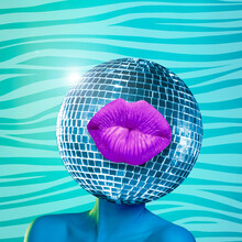 Modern Design, Contemporary Art Collage. Inspiration, Idea, Trendy Urban Magazine Style. Female Body Headed With Big Disco Ball With Lips