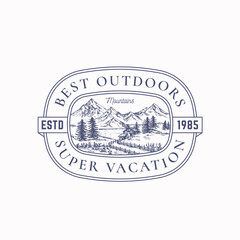 Wall Mural - outdoor vacation frame badge or logo template. hand drawn cabin in the woods and mountains landscape