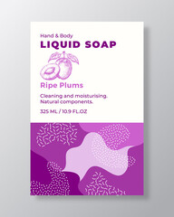 Wall Mural - Liquid Soap Package Label Template. Abstract Shapes Camo Background Vector Cover. Cosmetics Packaging Design. Modern Typography and Hand Drawn Plums Fruit Sketch. Isolated