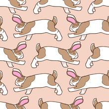 Seamless Background. Cute Spotted Rabbits Walk In Different Directions. Beige Background And Brown Tones. Rabbits With Pink Ears. 