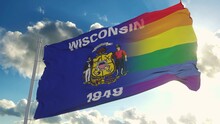 Flag Of Wisconsin And LGBT. Wisconsin And LGBT Mixed Flag Waving In Wind. 3d Rendering