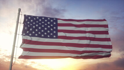 Flag of United States of America waving in the wind against deep beautiful sky at sunset. 3d rendering