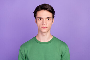 Poster - Photo of young handsome guy serious confident calm concentrated isolated over violet color background